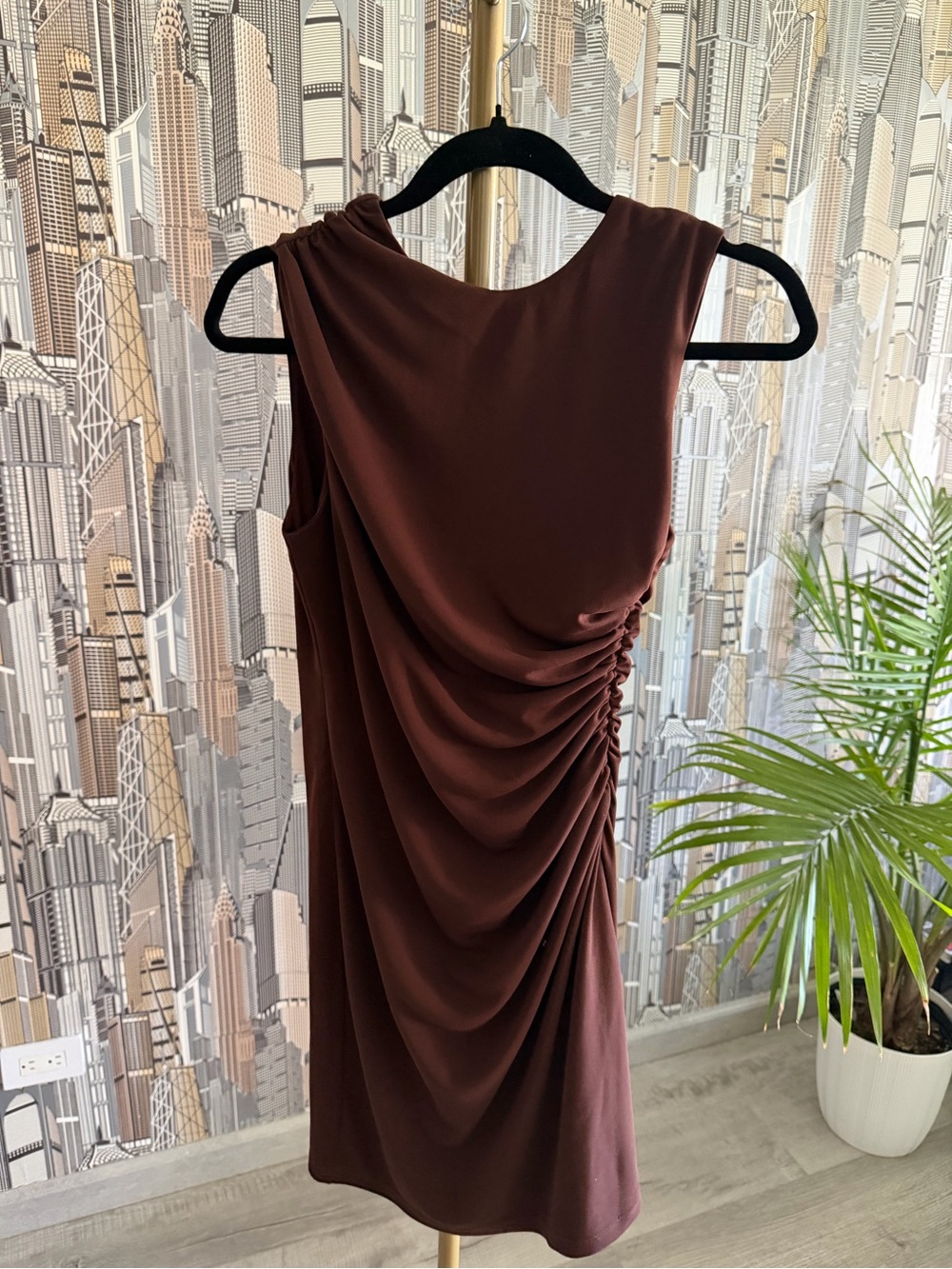 Zara One-Shoulder Draped Dress in Chocolate Brown